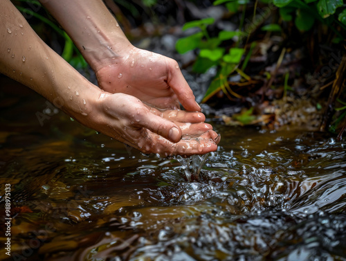 Hands trying to cup and save last drops of clean water, surrounded by nature, evoke sense of urgency and care for environment.