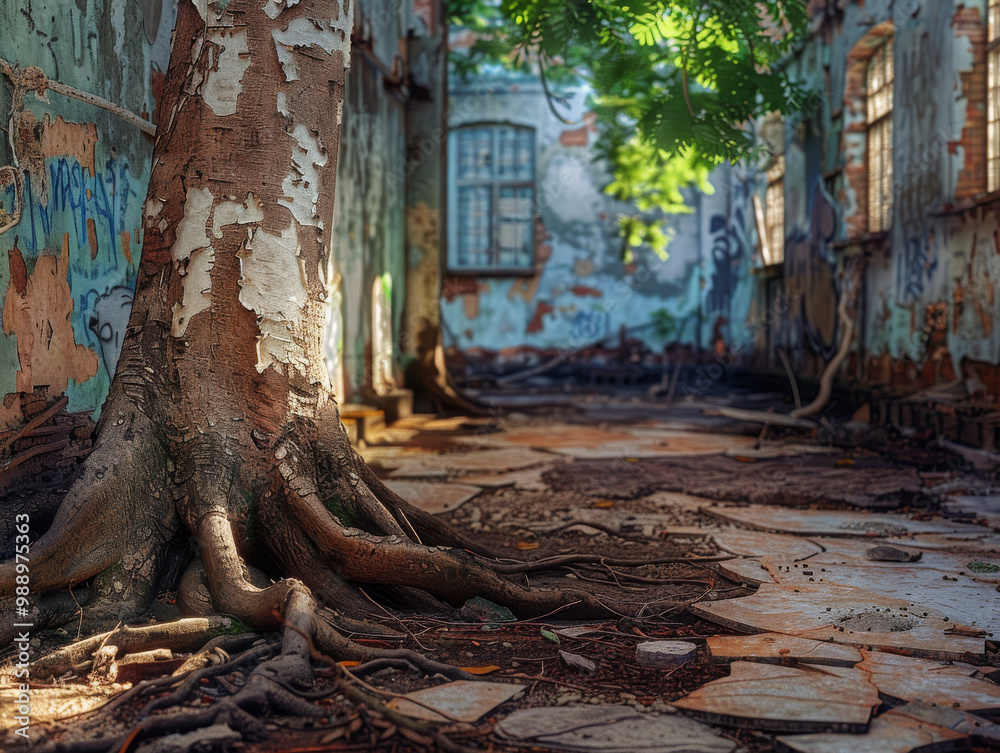 A trees roots break through cracked concrete in an abandoned building, showcasing natures resilience amidst decay. A trees roots break through cracked concrete in an abandoned building, showcasing natures resilience amidst decay.