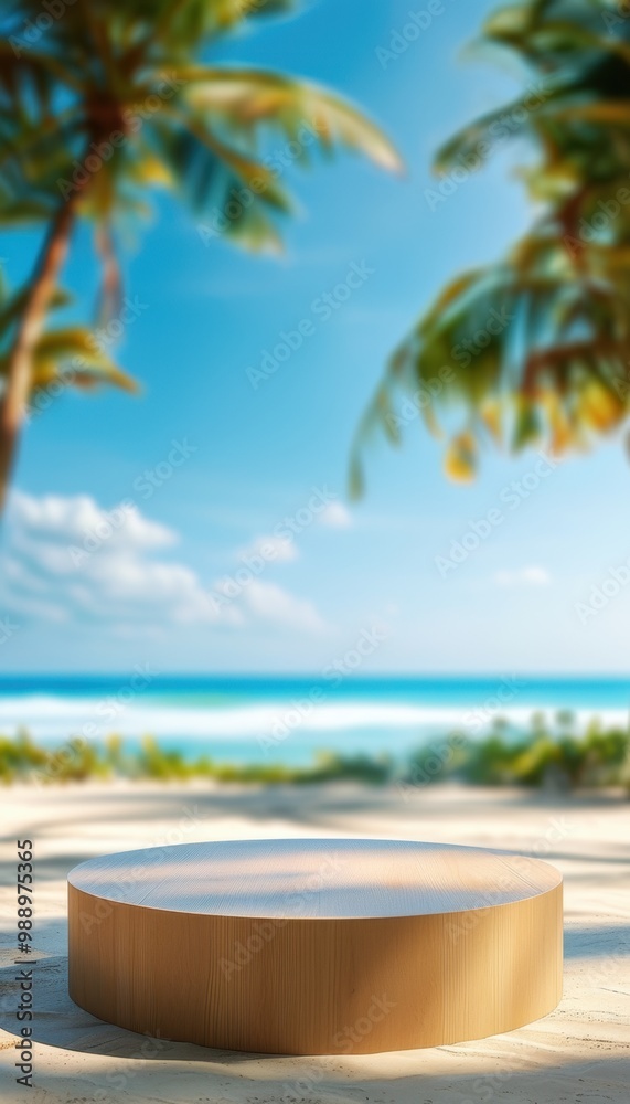 Tropical beach scene with a wooden product display platform, perfect for showcasing refreshing beverages in a serene setting