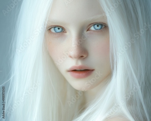 Beautiful albino woman with long white hair, blue eyes, studio photo shoot.