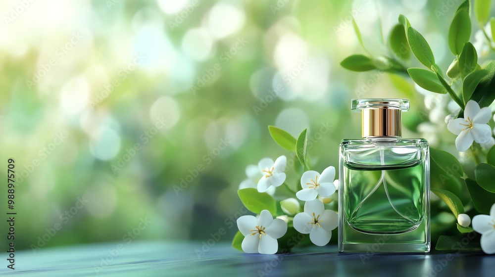 Elegant perfume bottle surrounded by flowers on a blurred green background.