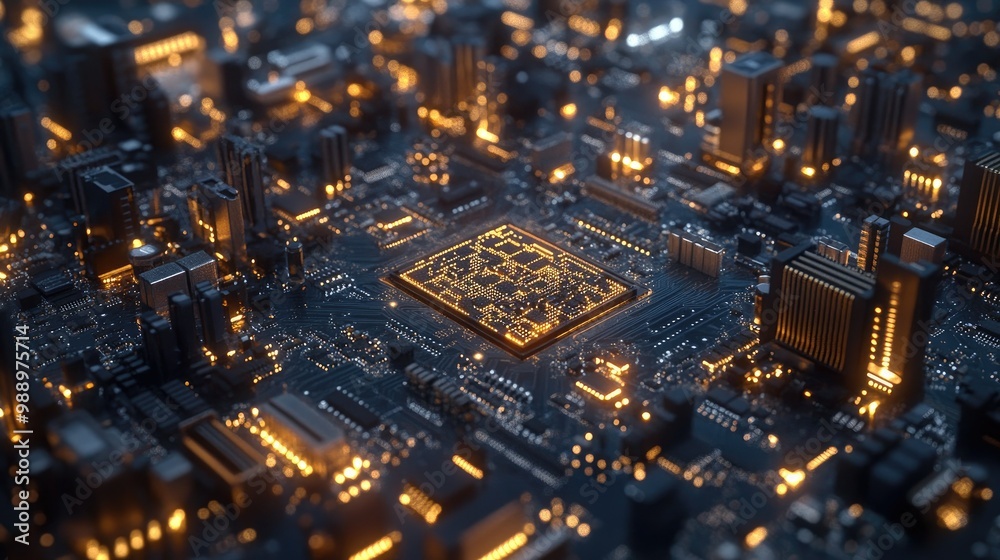 A close-up of a motherboard with its complex web of circuits, microchips, and connectors, bathed in soft, cool lighting. A close-up of a motherboard with its complex web of circuits, microchips, and connectors, bathed in soft, cool lighting.