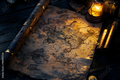 Glowing Fantasy Map With Intricate Details And Symbols, Evoking Mystery And Adventure In A Dark Setting. Generative AI photo