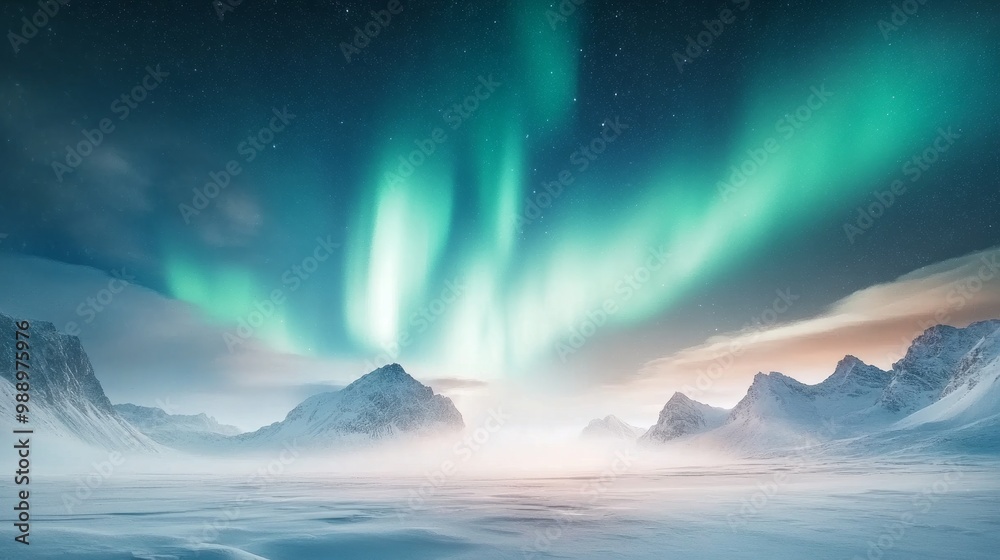 Naklejka premium Vibrant aurora borealis dancing across a starry Arctic night, northern lights, majestic natural light show