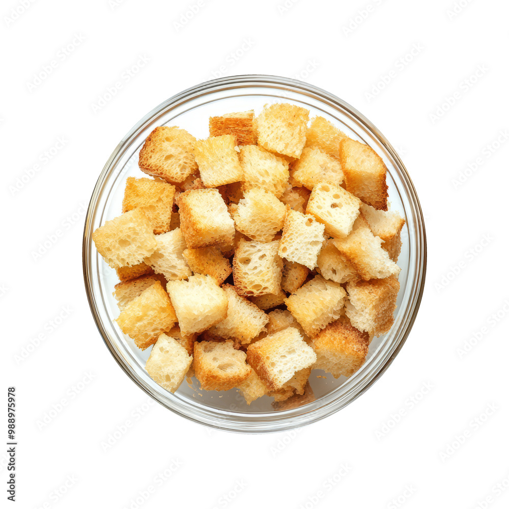 A white bowl filled with golden brown cubed bread pieces.