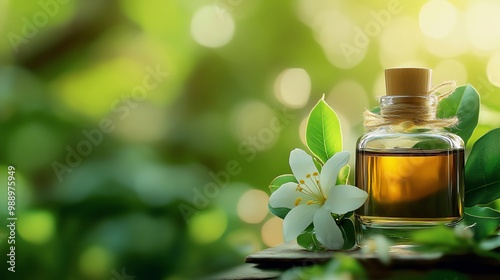 Essential oil bottle with flower, natural greenery background, freshness concept.