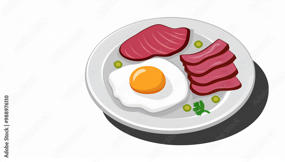 Fried Egg with Bacon and Ham on a Plate Fried Egg with Bacon and Ham on a Plate