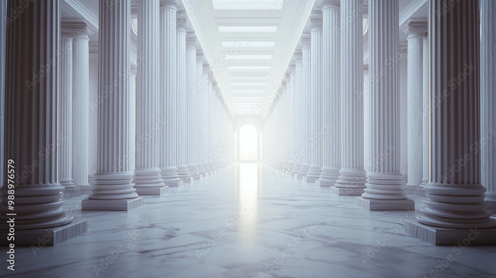 Fototapeta premium A bright, symmetrical hall featuring rows of classical white marble columns.
