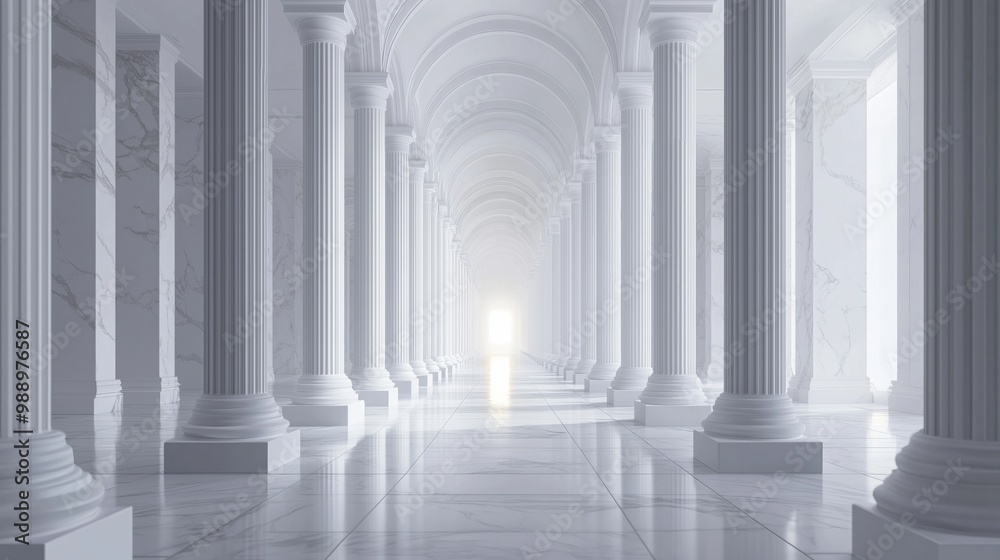 A bright, symmetrical hall featuring rows of classical white marble columns. A bright, symmetrical hall featuring rows of classical white marble columns.