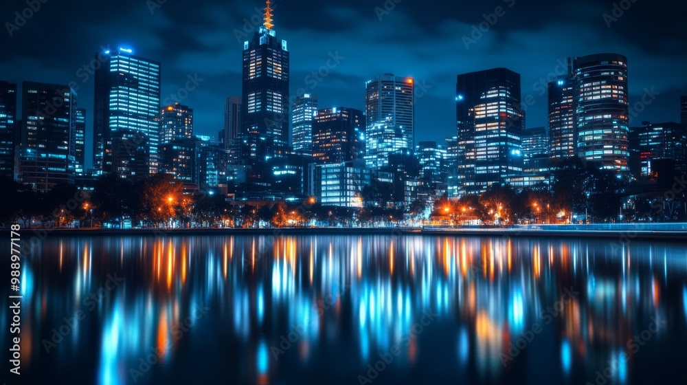 A nighttime cityscape with illuminated skyscrapers standing tall, their lights reflecting on nearby waterways, creating a stunning urban landscape. A nighttime cityscape with illuminated skyscrapers standing tall, their lights reflecting on nearby waterways, creating a stunning urban landscape.