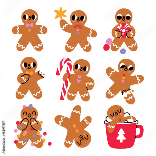 Funny gingerbread man vector characters set, 9 cookies with candy in cartoon style isolated on white background, Christmas holiday symbols