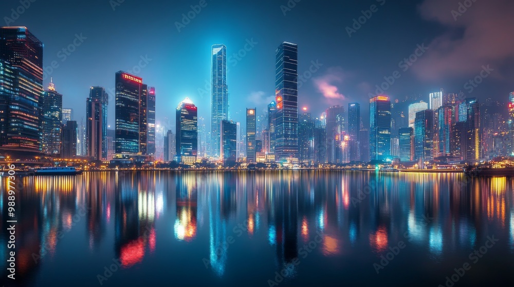 Fototapeta premium A nighttime cityscape with illuminated skyscrapers standing tall, their lights reflecting on nearby waterways, creating a stunning urban landscape.