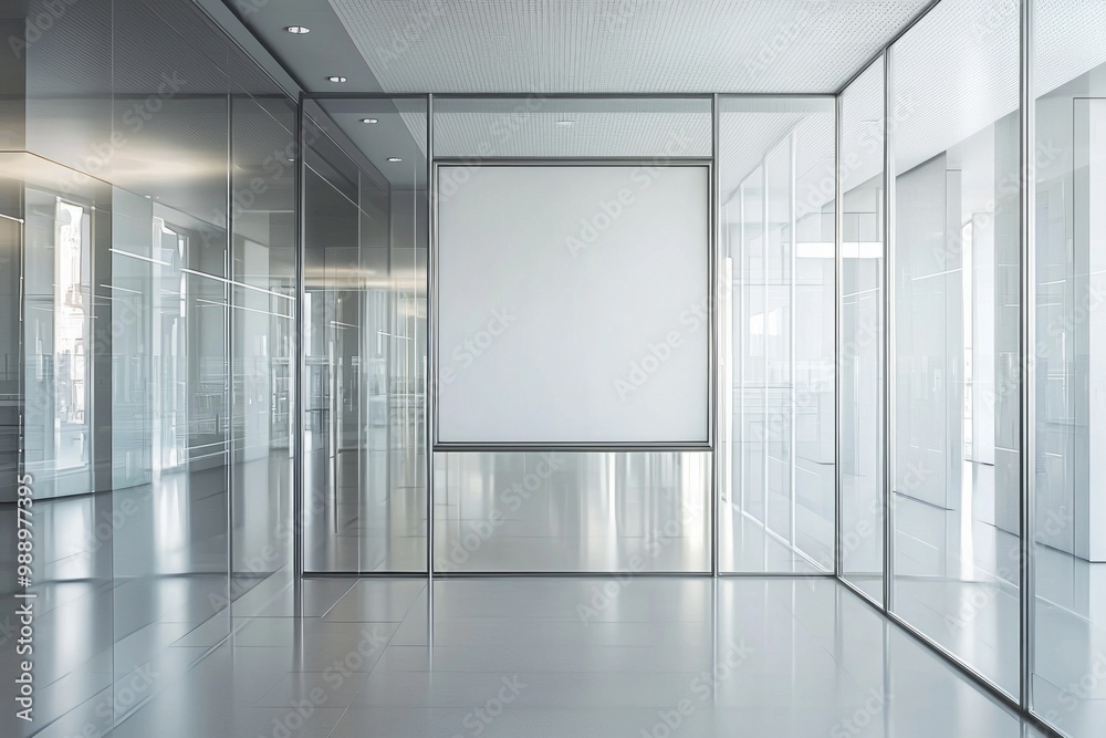 A modern, sleek glass wall with a chrome-framed square with a blank center A modern, sleek glass wall with a chrome-framed square with a blank center