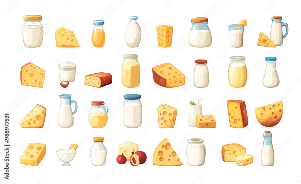Dairy milk products cartoon vector set. Glass bottles jars cheese butter yogurt cream packages containers healthy natural organic meal food illustrations isolated on white background Dairy milk products cartoon vector set. Glass bottles jars cheese butter yogurt cream packages containers healthy natural organic meal food illustrations isolated on white background