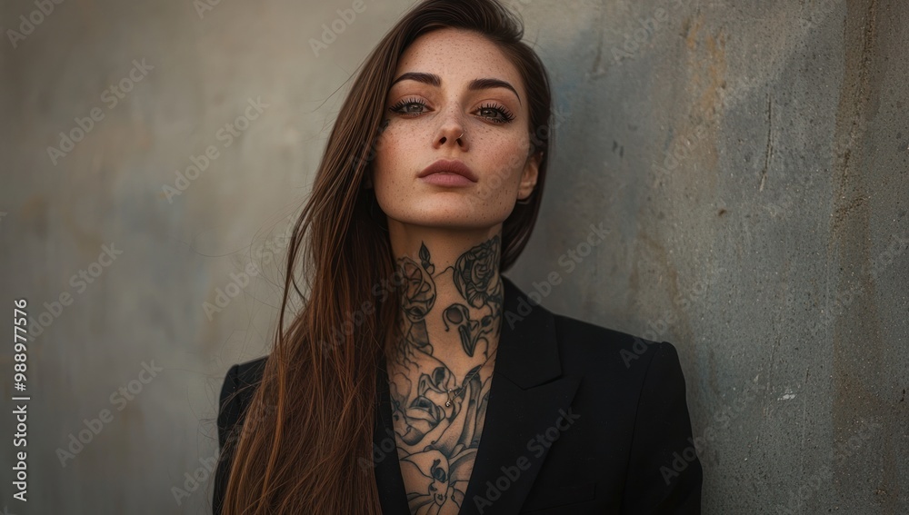 Fototapeta premium Trendy hispanic female model, with long hair, wearing plain black t-shirt and black blazer jacket over the top, tattoos and jewelry , woman with bad girl vibes over dark foggy background