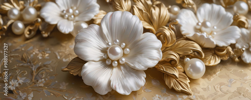 Elegant Pearl Flowers Gold Background for Wedding Decor and Branding Art Deco Rococo Elegant Style