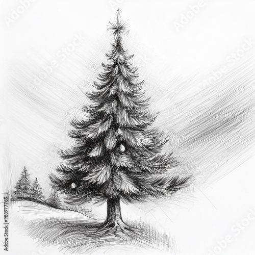 christmas tree illustration in pencil style on white background