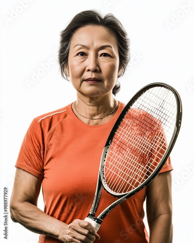 A senior woman stands indoors with a tennis racket, wearing an orange athletic shirt, showcasing her confident and active lifestyle with a passion for sports.