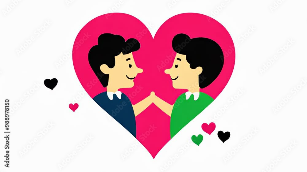 Cartoon of two people holding hands inside a pink heart, surrounded by smaller black and green hearts Cartoon of two people holding hands inside a pink heart, surrounded by smaller black and green hearts