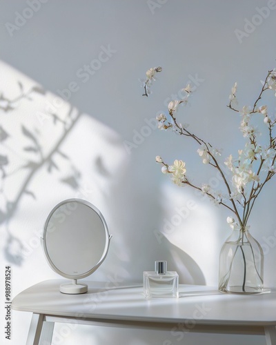 A minimalistic vanity table features a round mirror, a glass vase with white blossoming branches, and a sleek perfume bottle, exuding a sense of elegance and calm.