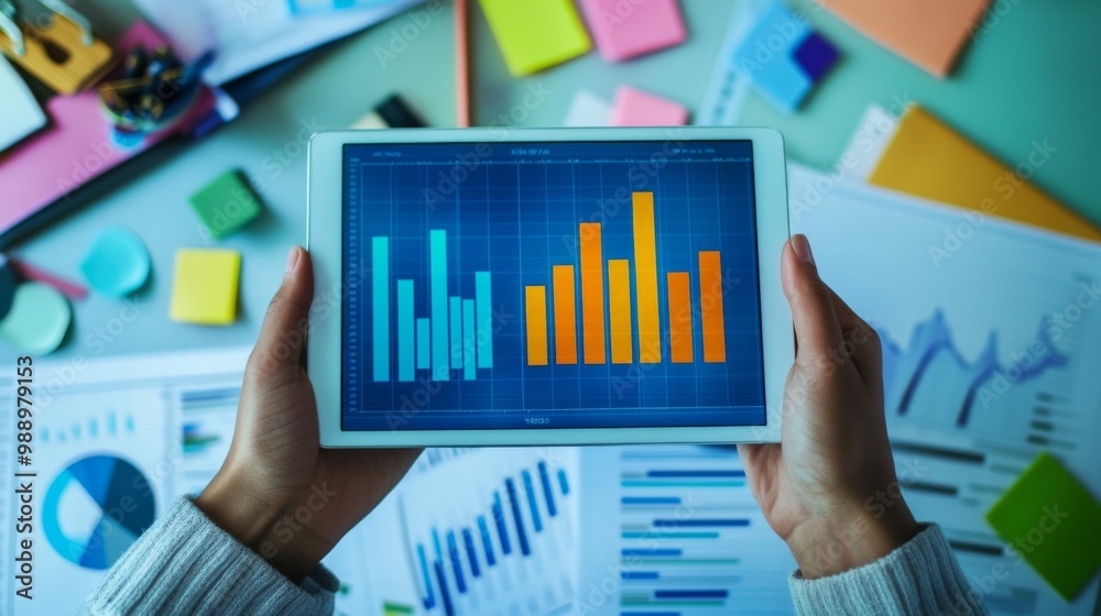 A person holding a tablet displaying a bar chart, with a background of office supplies and documents spread out for a financial report. A person holding a tablet displaying a bar chart, with a background of office supplies and documents spread out for a financial report.