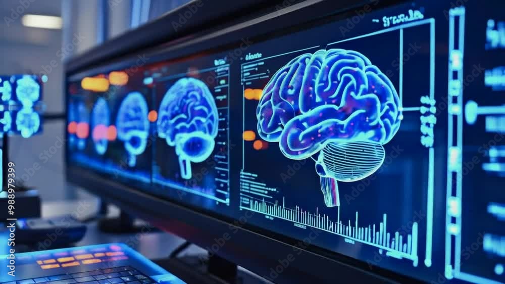 Visual representation of a brain with data analysis for scientific and technological purposes.