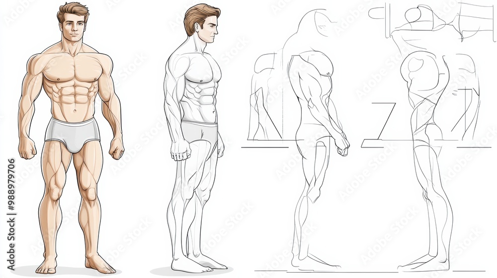 Detailed Anatomical Drawings of a Muscular Male Figure in Varied Poses and Perspectives Detailed Anatomical Drawings of a Muscular Male Figure in Varied Poses and Perspectives