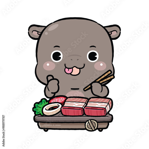 Cute Hippo Eating Japanese Barbecue. or Thai BBQ Style. Moo Kratha.