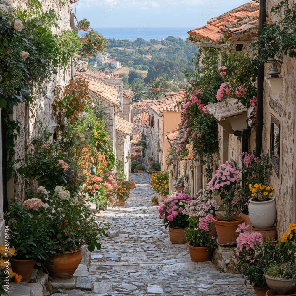 Naklejka premium Cobblestone Street Lined with Flowers in a European Village