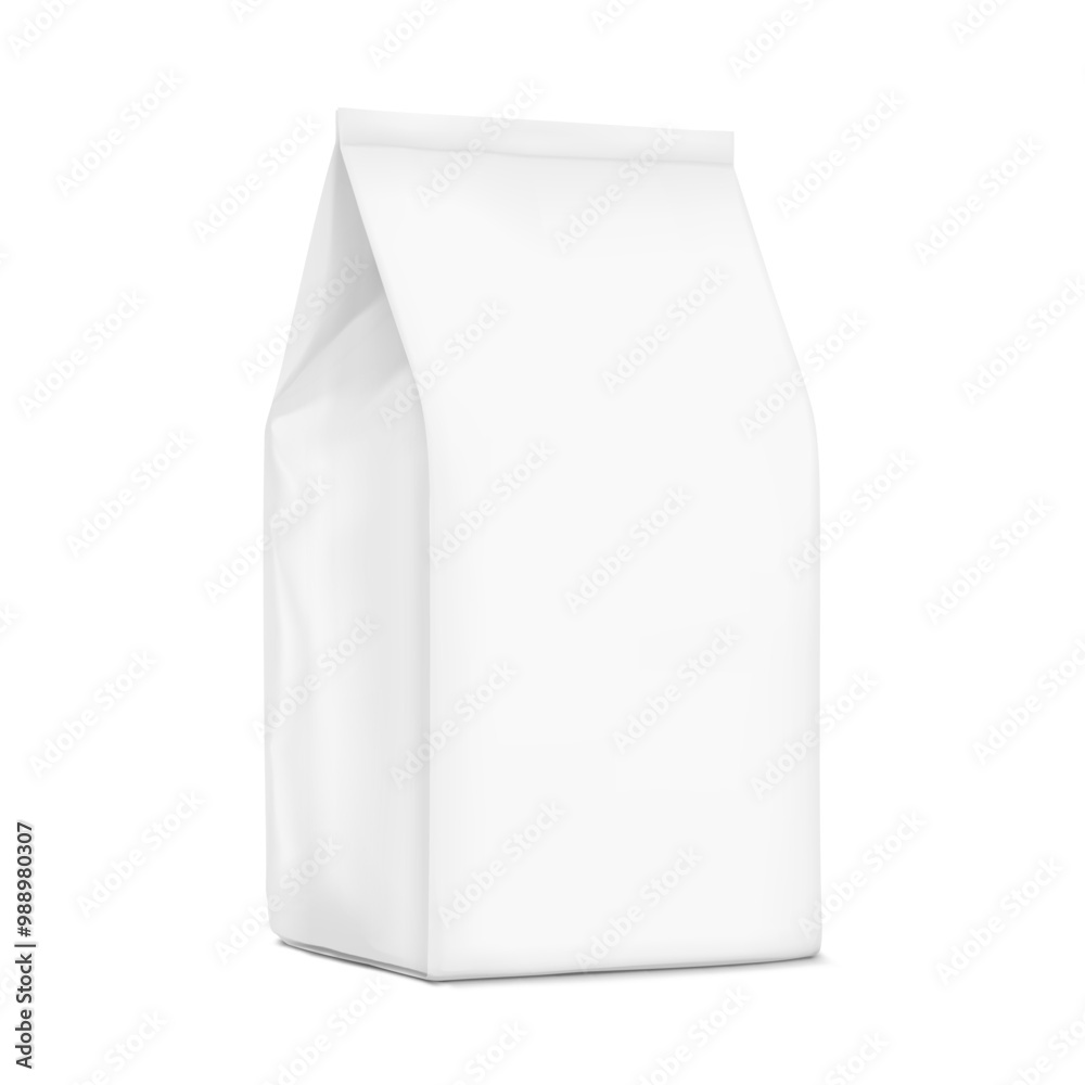 Vertical bag mockup. Flat bottom bag. Half side view. High realistic. Vector illustration isolated on white background. Ready for use in presentation, promo, advertising and more. EPS10. Vertical bag mockup. Flat bottom bag. Half side view. High realistic. Vector illustration isolated on white background. Ready for use in presentation, promo, advertising and more. EPS10.
