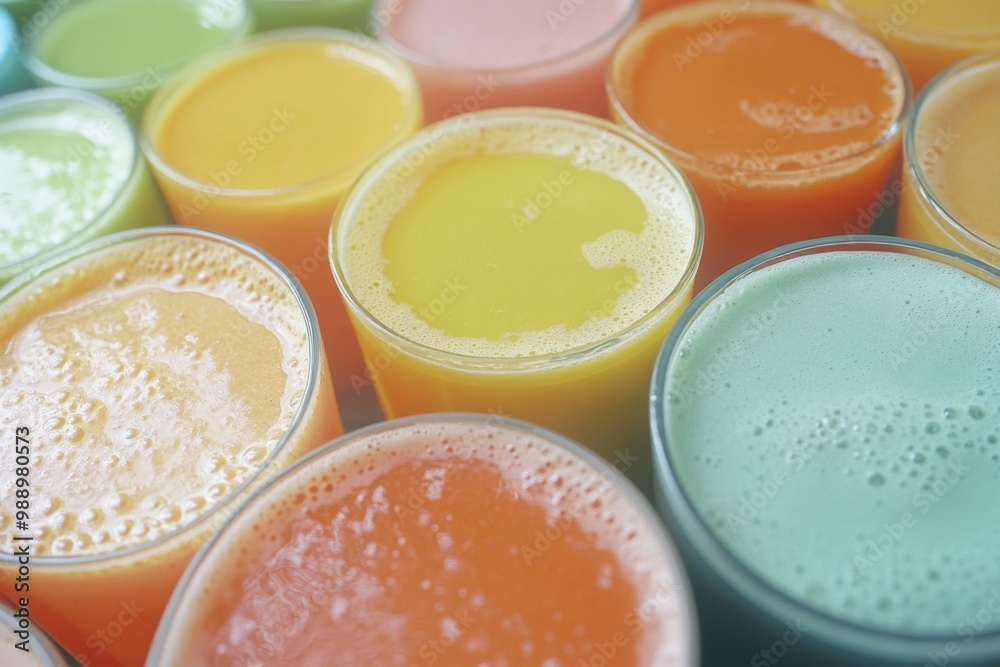 Macro shot of a variety of freshly squeezed juices in colorful glasses, highlighting the health benefits and visual appeal of natural beverages Macro shot of a variety of freshly squeezed juices in colorful glasses, highlighting the health benefits and visual appeal of natural beverages
