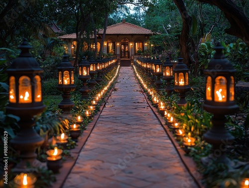 A serene pathway lined with glowing lanterns leads to a cozy house, surrounded by lush greenery in the soft light of dusk. photo