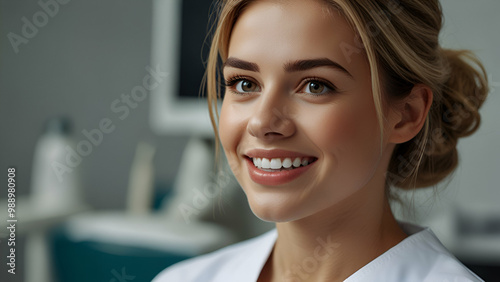 Smiling close-up of a young female dentist in a professional setting.