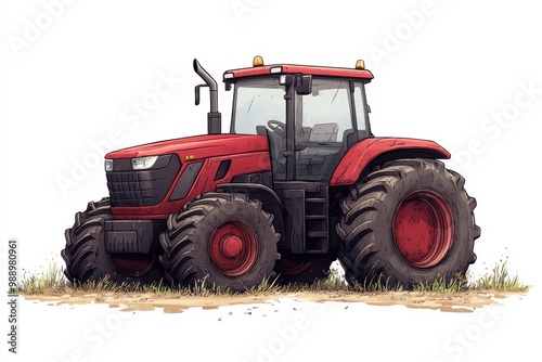 Red tractor on white isolate background.