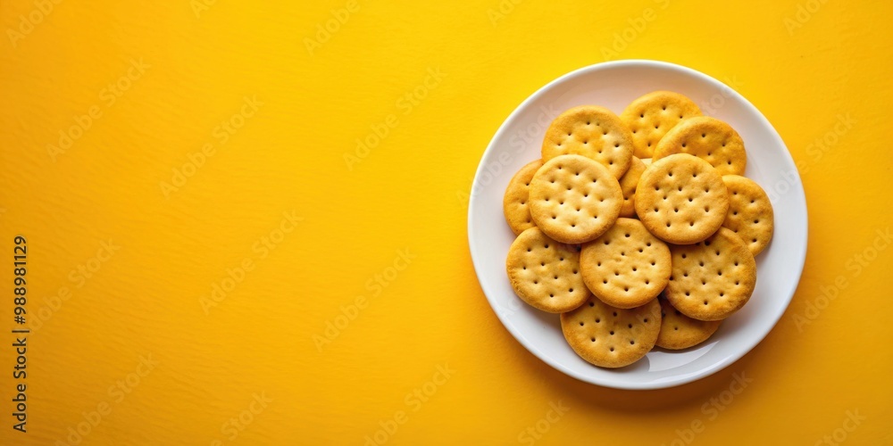 Salty crackers on a round white plate on a smooth yellow background top view with copy space Salty crackers on a round white plate on a smooth yellow background top view with copy space