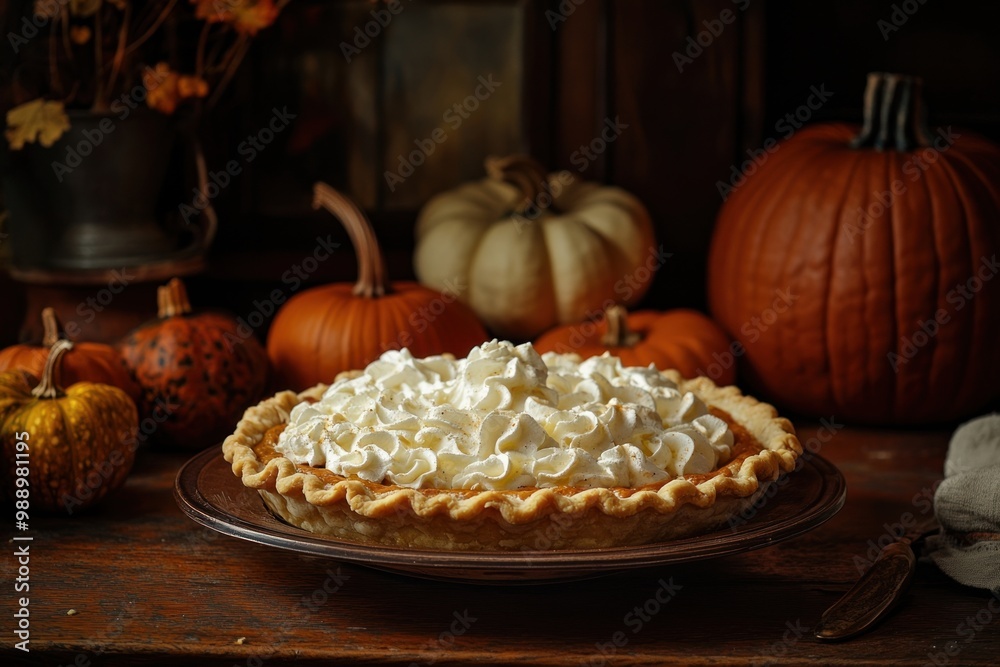 Pumpkin pie with whipped cream vegetable produce dessert.