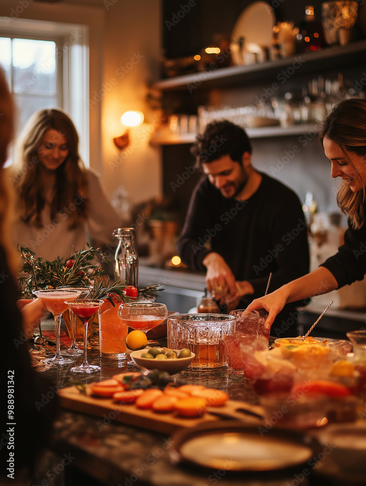 Friends preparing New Year’s cocktails, the kitchen buzzing with energy and laughter. Friends preparing New Year’s cocktails, the kitchen buzzing with energy and laughter.