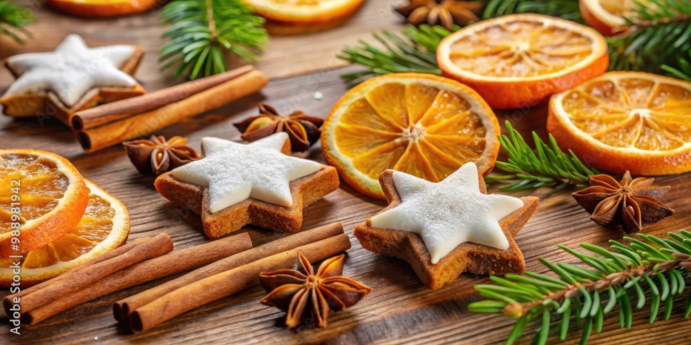 Zimtsterne cookies with orange slices and cinnamon sticks arranged on a festive table Zimtsterne cookies with orange slices and cinnamon sticks arranged on a festive table