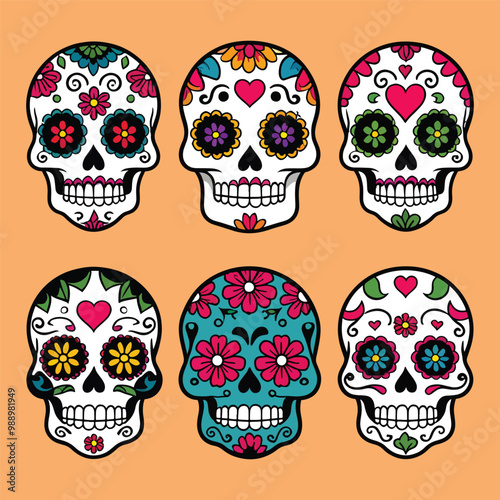A set of Dia de Muertos sugar skull icons or stickers with unique decorative elements