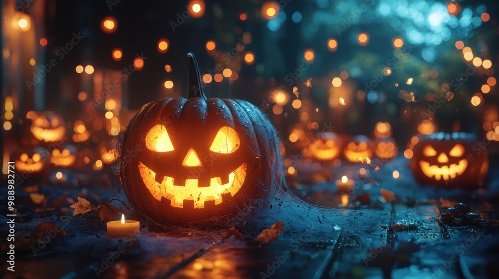 Fototapeta premium Glowing Jack-o'-Lanterns and Flickering Candles in Spooky Halloween
