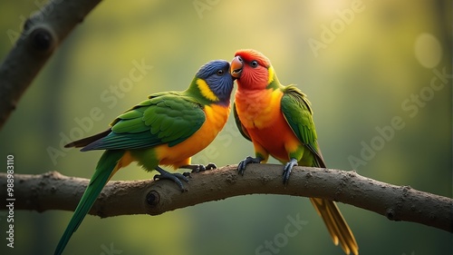 Two colorful parrots are sitting on a branch, one is picking at the other's head with its beak