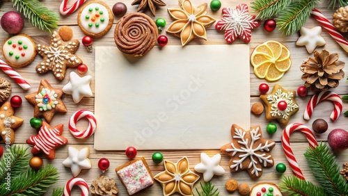 Christmas card with assorted light-colored Christmas sweets and blank space for inscription