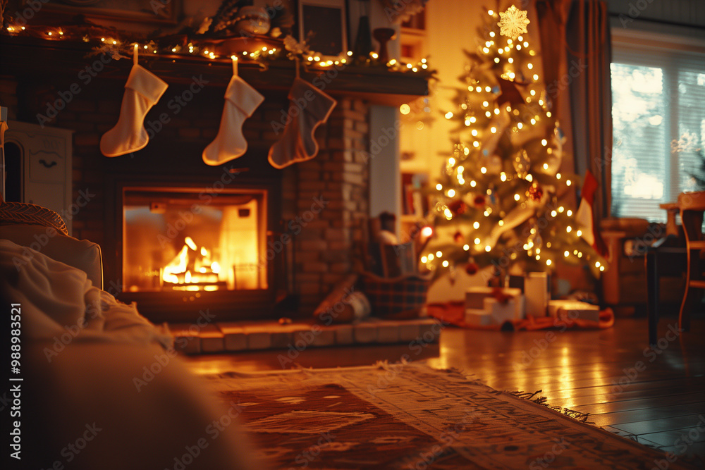 A cozy living room with a fireplace, stockings hung, and a brightly lit Christmas tree. A Christmasdecorated living room with a fireplace and tree A cozy living room with a fireplace, stockings hung, and a brightly lit Christmas tree. A Christmasdecorated living room with a fireplace and tree