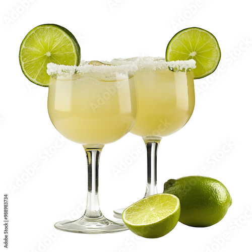 Two refreshing margaritas with lime garnish and salt rims, perfect for a summer cocktail party.
