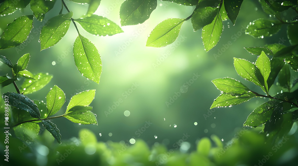 Green Leaves with Dew Drops - Nature's Beauty After Rain Green Leaves with Dew Drops - Nature's Beauty After Rain