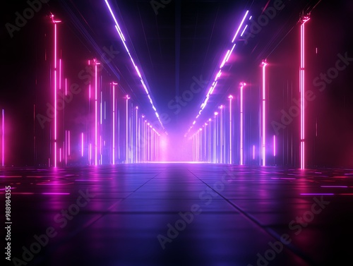 Futuristic hallway with neon lights, dark ambiance, and reflections.