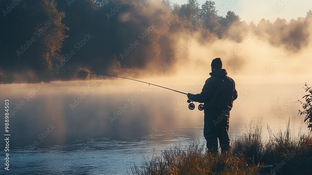 A man fishing on a foggy river at sunrise. A man fishing on a foggy river at sunrise.