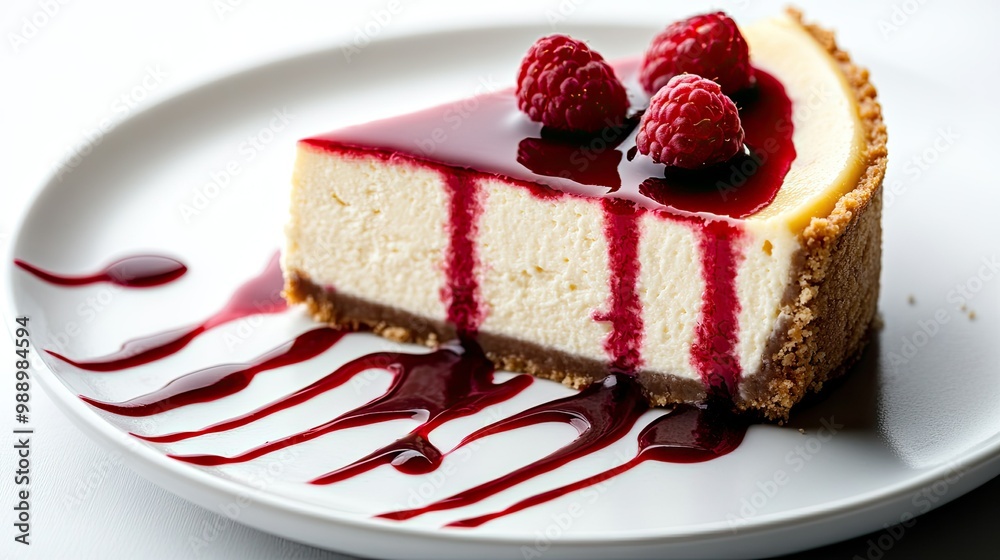 A decadent cheesecake slice with a graham cracker crust, drizzled with raspberry sauce on a white plate, isolated on white. A decadent cheesecake slice with a graham cracker crust, drizzled with raspberry sauce on a white plate, isolated on white.