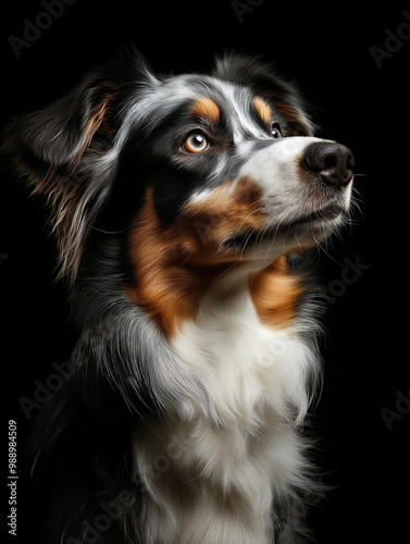 Australian shepherd - dog portrait on the pure black background.