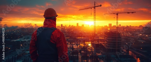 engineer overlooking construction site at sunset silhouette figure in protective gear dramatic sky and towering cranes create inspiring industrial scene photo